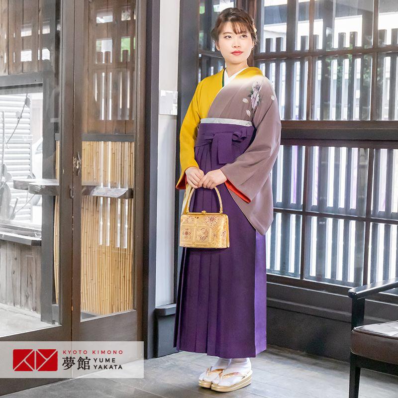 卒業式 袴レンタル 先生 教員 訪問着袴 フルセット 上品 山吹色　紫鼠ぼかし流水牡丹 HG1122