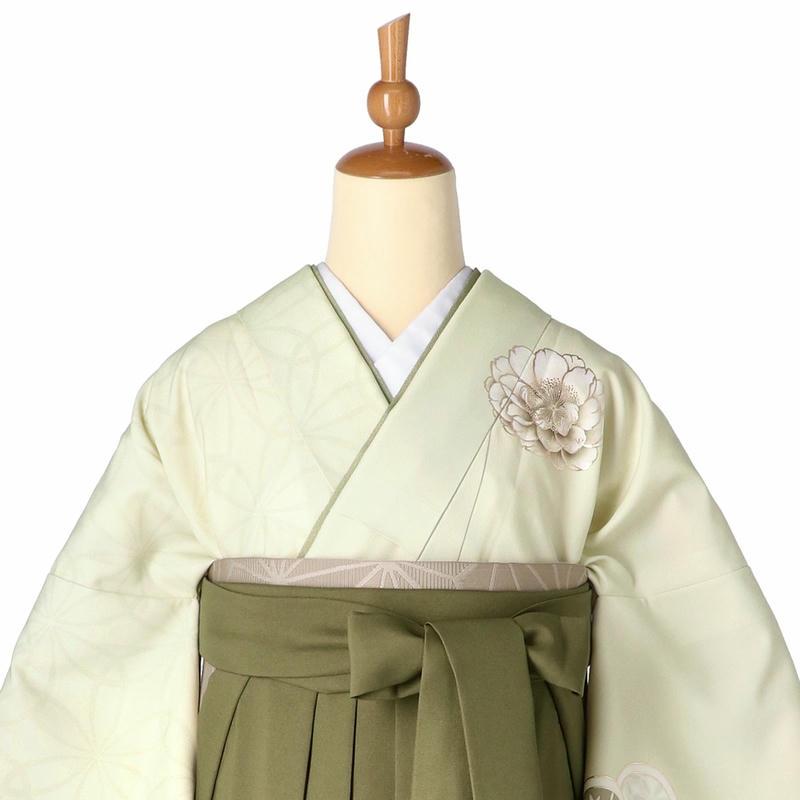 卒業式 袴レンタル 先生 教員 訪問着袴 フルセット 上品 ジャパンスタイル 薄ヒワ色　片身変わり　七宝捻じれ梅 HG1446_2