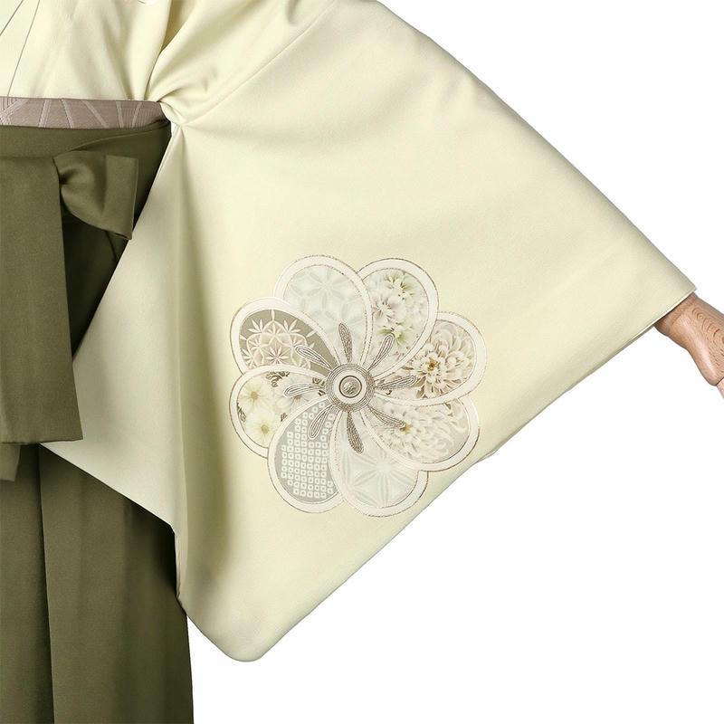 卒業式 袴レンタル 先生 教員 訪問着袴 フルセット 上品 ジャパンスタイル 薄ヒワ色　片身変わり　七宝捻じれ梅 HG1446_3