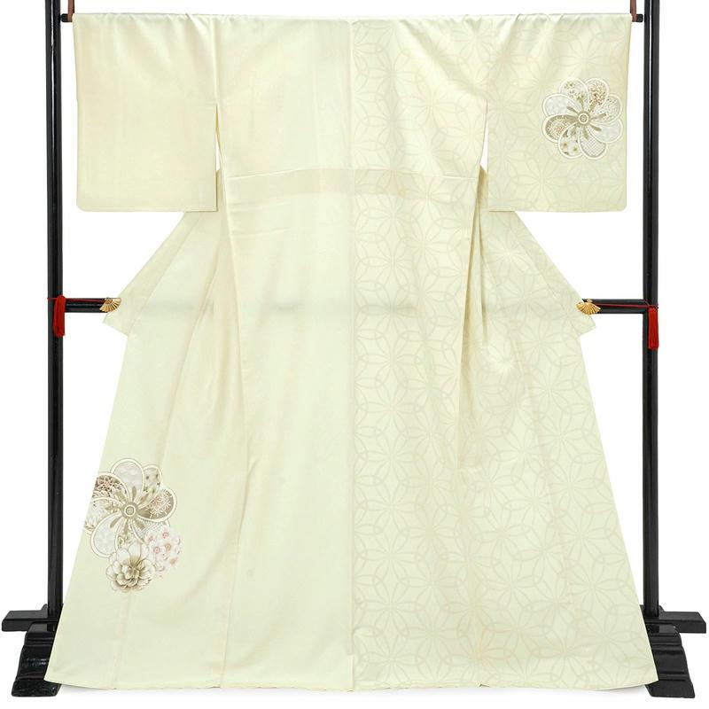 卒業式 袴レンタル 先生 教員 訪問着袴 フルセット 上品 ジャパンスタイル 薄ヒワ色　片身変わり　七宝捻じれ梅 HG1446_5