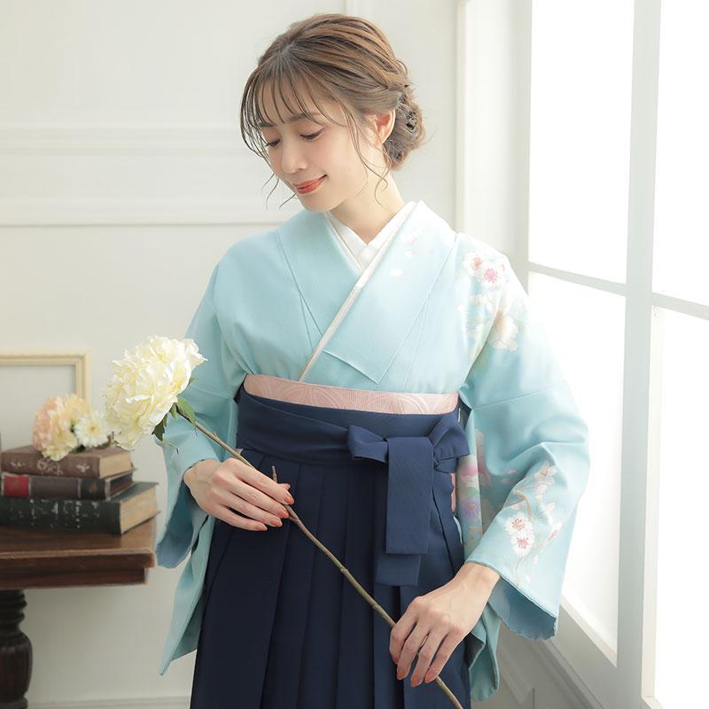 教員 卒業式 袴一式 フルセット 若草色×紺 卒業式袴レンタル(先生向け)｜青緑に花々 訪問着×紺袴｜S0096 M｜宅配