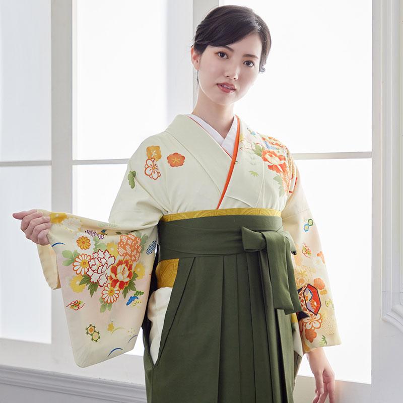 卒業式 袴レンタル 先生 教員 訪問着袴 フルセット 上品 ジャパンスタイル 黄色　貝桶と花に宝尽し HG768_5