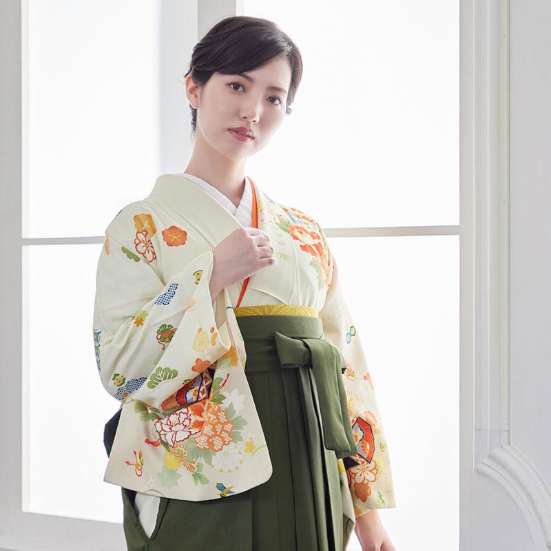 卒業式 袴レンタル 先生 教員 訪問着袴 フルセット 上品 ジャパンスタイル 黄色　貝桶と花に宝尽し HG768_6