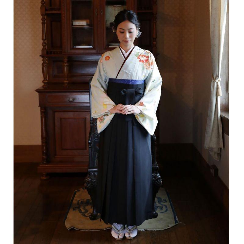卒業式 袴レンタル 先生 教員 訪問着袴 フルセット 上品 ジャパンスタイル 青鼠色　貝桶と花に宝尽し HG770_1