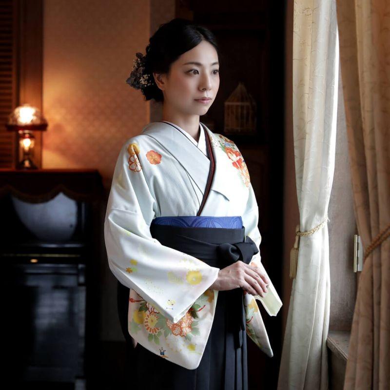 卒業式 袴レンタル 先生 教員 訪問着袴 フルセット 上品 ジャパンスタイル 青鼠色　貝桶と花に宝尽し HG770_5