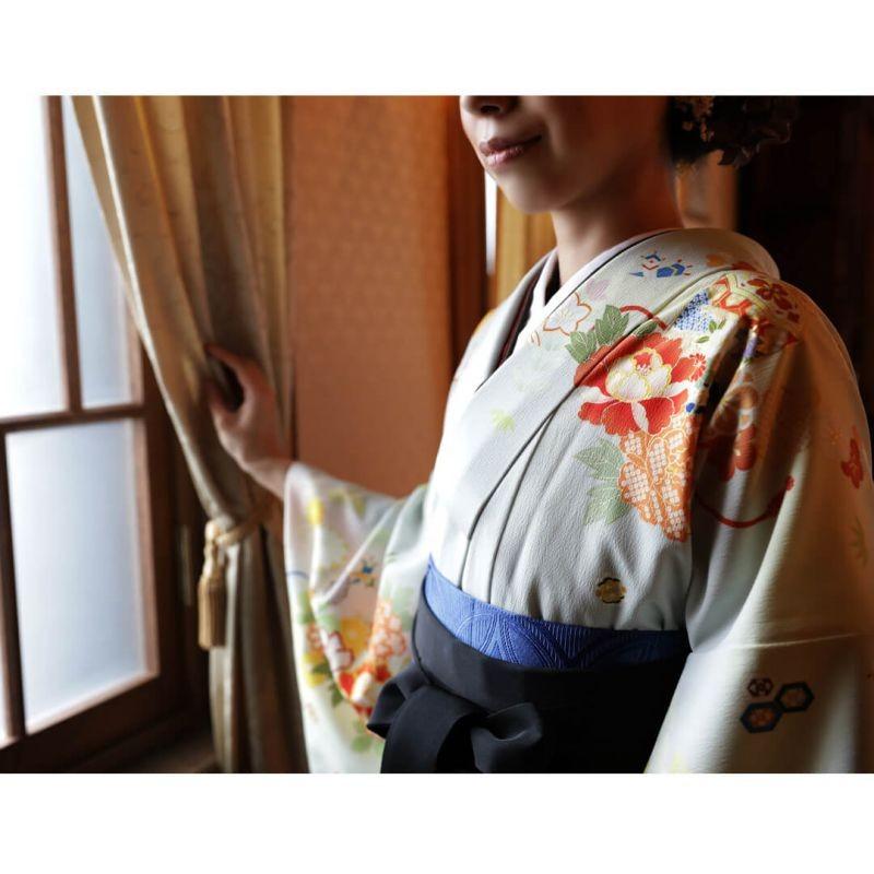卒業式 袴レンタル 先生 教員 訪問着袴 フルセット 上品 ジャパンスタイル 青鼠色　貝桶と花に宝尽し HG770_6