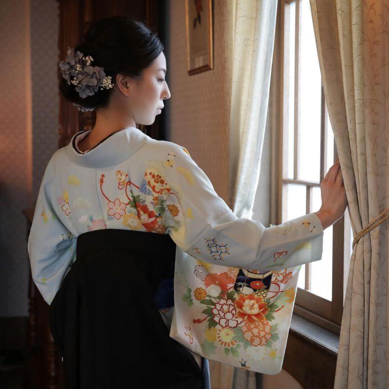 卒業式 袴レンタル 先生 教員 訪問着袴 フルセット 上品 ジャパンスタイル 青鼠色　貝桶と花に宝尽し HG770_7