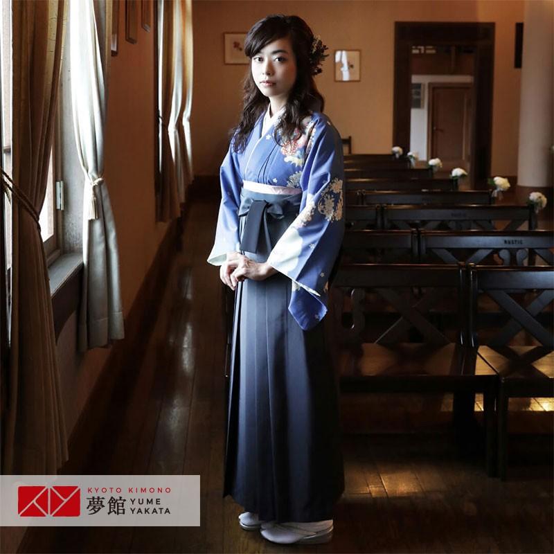 卒業式 袴レンタル 先生 教員 訪問着袴 フルセット 上品 ジャパンスタイル 青　雲取に花の丸 HG773