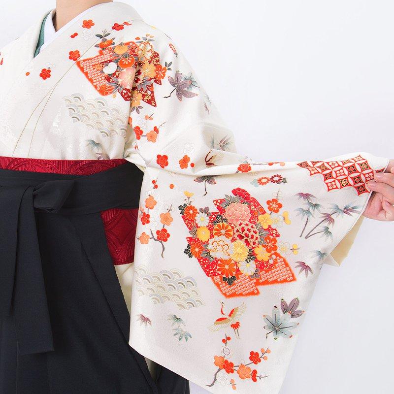 卒業式 袴レンタル 先生 教員 訪問着袴 フルセット 上品 ジャパンスタイル オフホワイト　松川菱に鶴松竹梅(H1002) HG975_7
