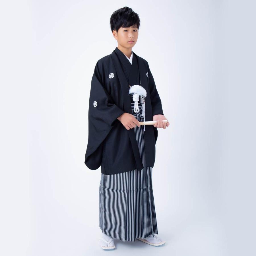 羽織袴 レンタル 男子 小学生 黒紋付×縞袴 ジュニア 卒業式 男の子