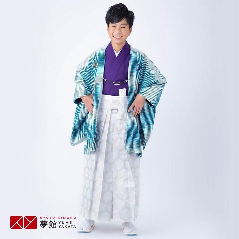 羽織袴 レンタル 男子 小学生 九重 白・緑段縞×柄袴 ジュニア 卒業式