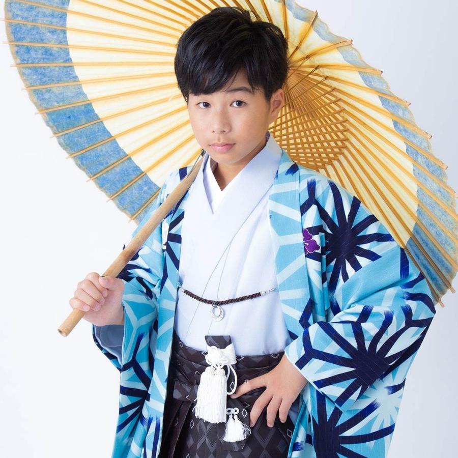 羽織袴 レンタル 男子 小学生 九重 水色 破れ麻の葉×柄袴 ジュニア