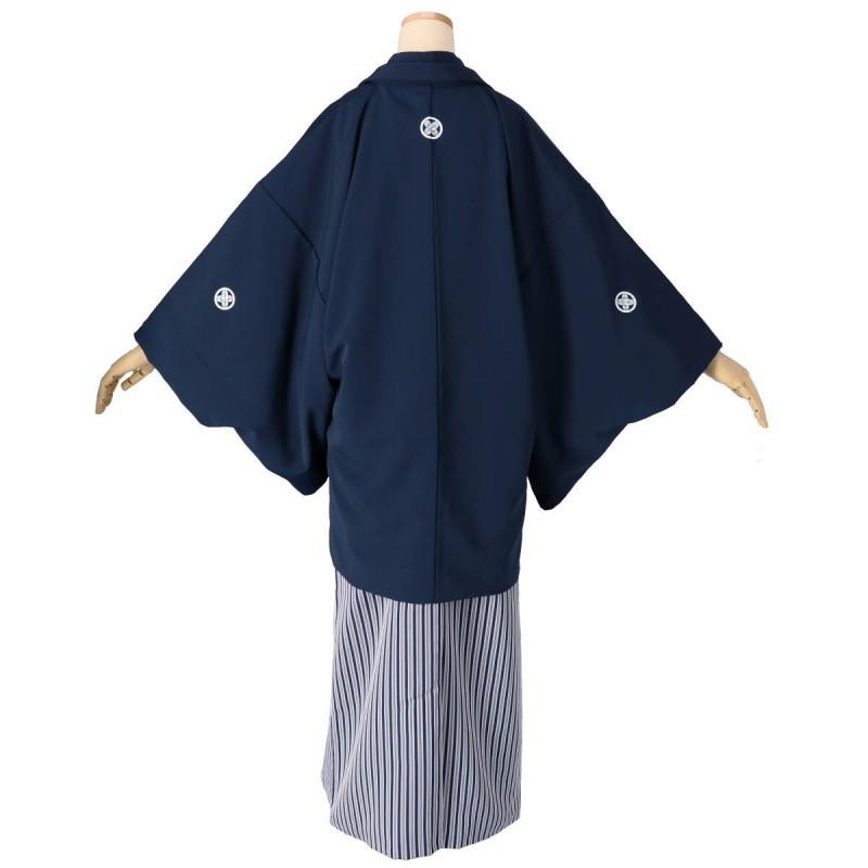 羽織袴 レンタル 男子 小学生 紺紋付×縞袴 ジュニア 卒業式 男の子