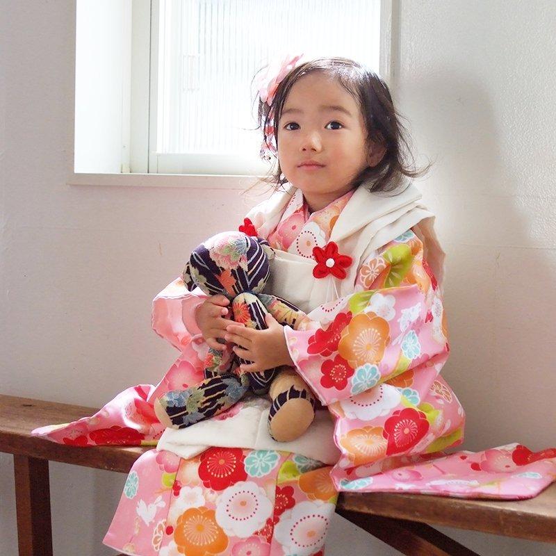 七五三 女の子 3歳 うさぎさんコーディネート ③ 753 七五三 着物レンタル 3歳 女の子 フルセット 被布 白×ピンク
