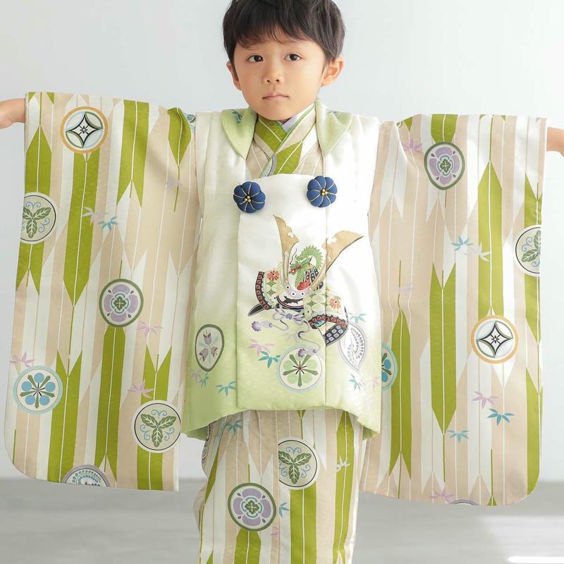 七五三 着物レンタル 3歳 753 男の子 フルセット 被布 白×黄緑 兜に丸
