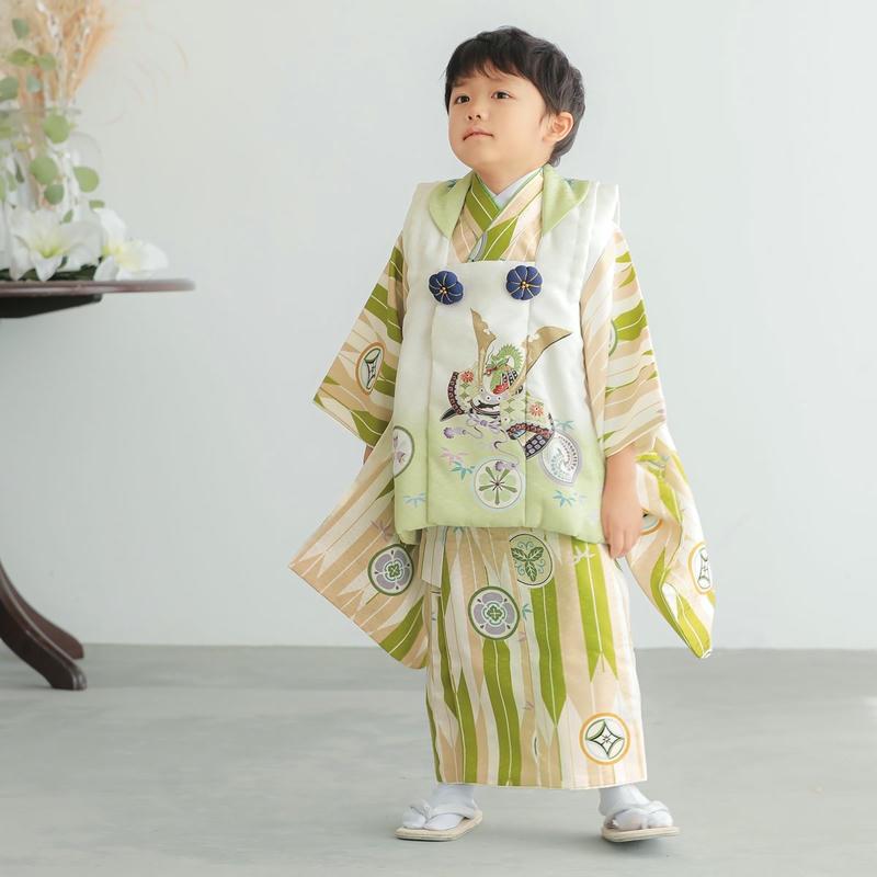 七五三 着物レンタル 3歳 753 男の子 フルセット 被布 白×黄緑 兜に丸