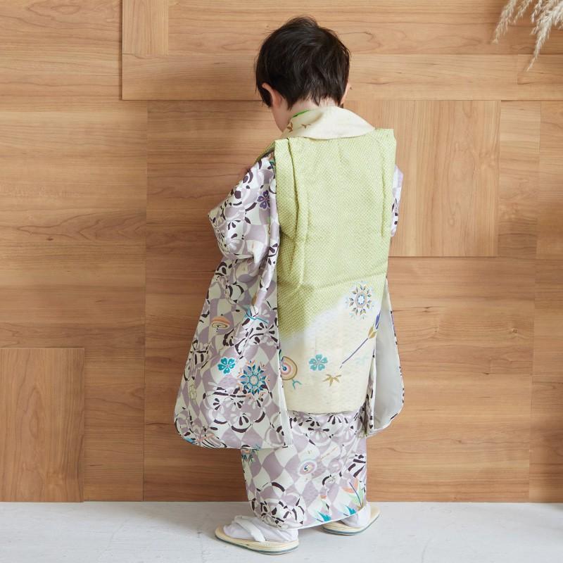 七五三 着物レンタル 3歳 753 男の子 フルセット 被布 黄緑×紫 鷹に的