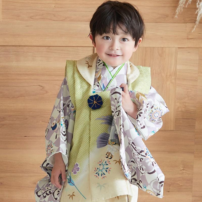 七五三 着物レンタル 3歳 753 男の子 フルセット 被布 黄緑×紫 鷹に的