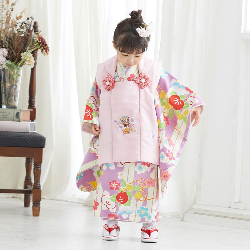 3歳七五三女の子 七五三 着物レンタル 3歳 753 女の子 フルセット 被布 ピンク×紫 矢