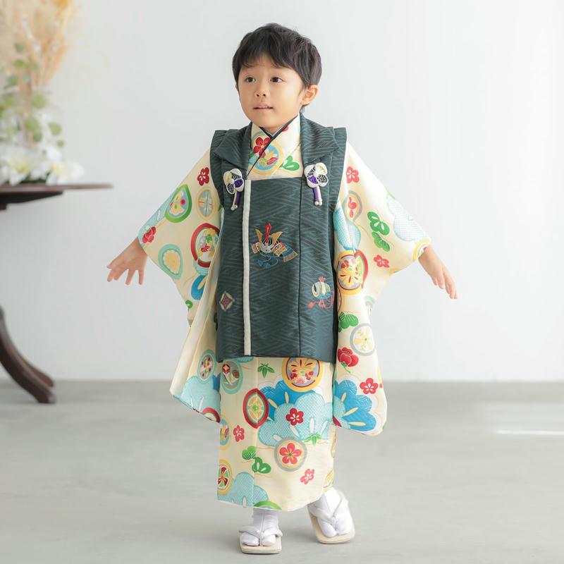 602ab49、着物のみ□七五三 三歳 男児 着物&被布 一つ紋 金駒刺繍 御所 七五三 着物レンタル 3歳 753 式部浪漫 ブランド着物 男の子 フル