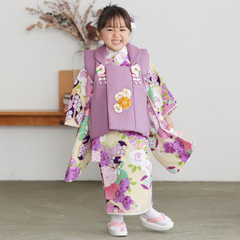 七五三　3歳女の子　着物　紫に桜　オフベージュ　鹿子柄　綿入り 七五三 3歳女の子 着物 紫に桜 オフベージュ 鹿子柄 綿入り 【公式通販】