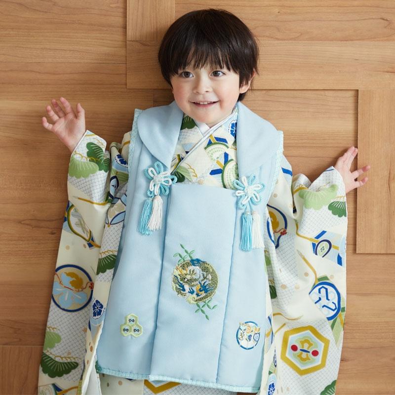 七五三 着物レンタル 3歳 753 男の子 フルセット 被布 水色龍×鼠