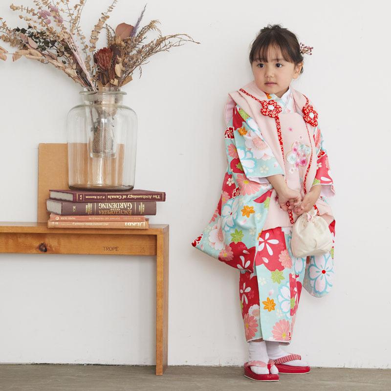 753 七五三 着物レンタル 3歳 女の子 フルセット 被布 水色桜×薄ピンク 