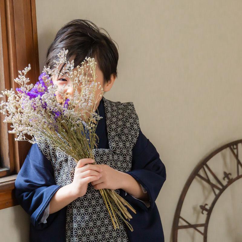 七五三 着物レンタル 3歳 753 男の子 フルセット 被布 黒麻の葉×紺刺繍