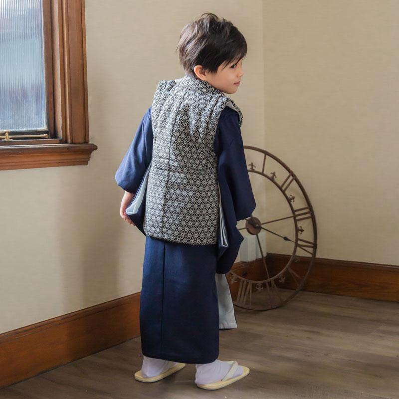 七五三 着物レンタル 3歳 753 男の子 フルセット 被布 黒麻の葉×紺刺繍