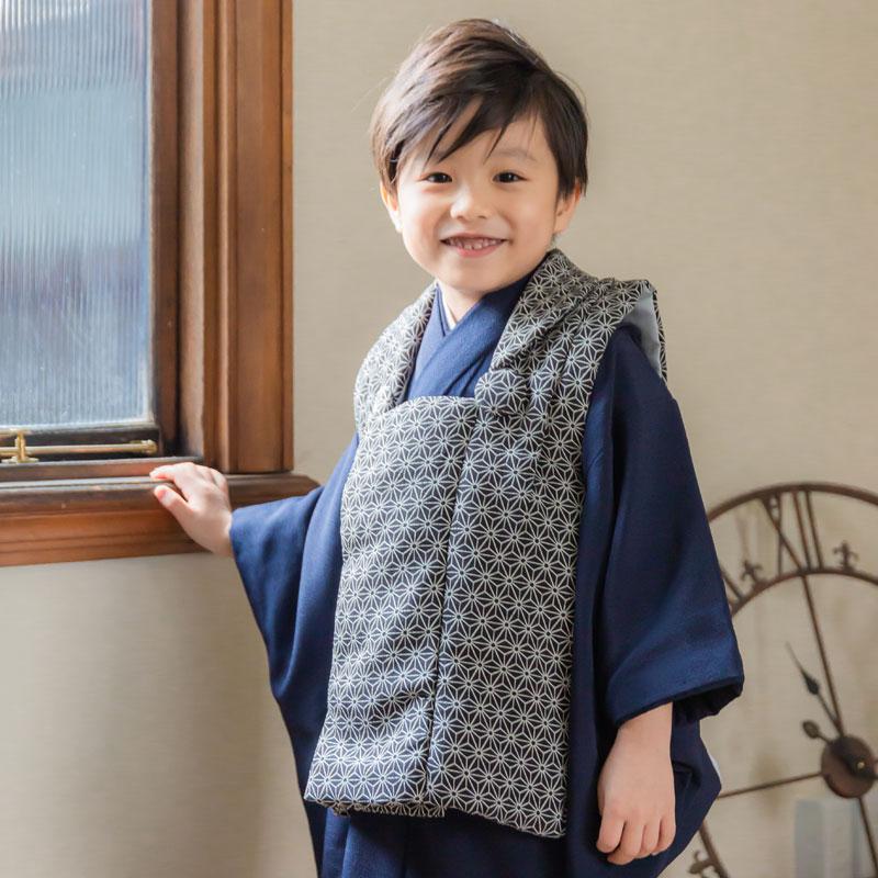 被布　一式　七五三 753 子供用 麻の葉　青　3歳　男の子 七五三 着物レンタル 3歳 753 男の子 フルセット 被布 黒麻の葉×紺刺繍