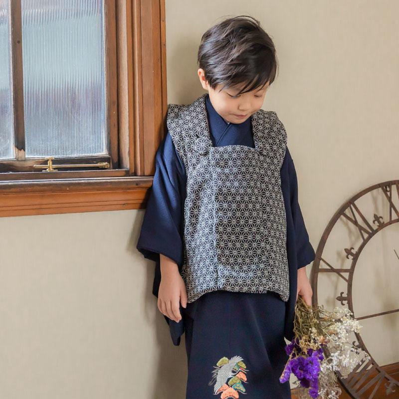 七五三 着物レンタル 3歳 753 男の子 フルセット 被布 黒麻の葉×紺刺繍