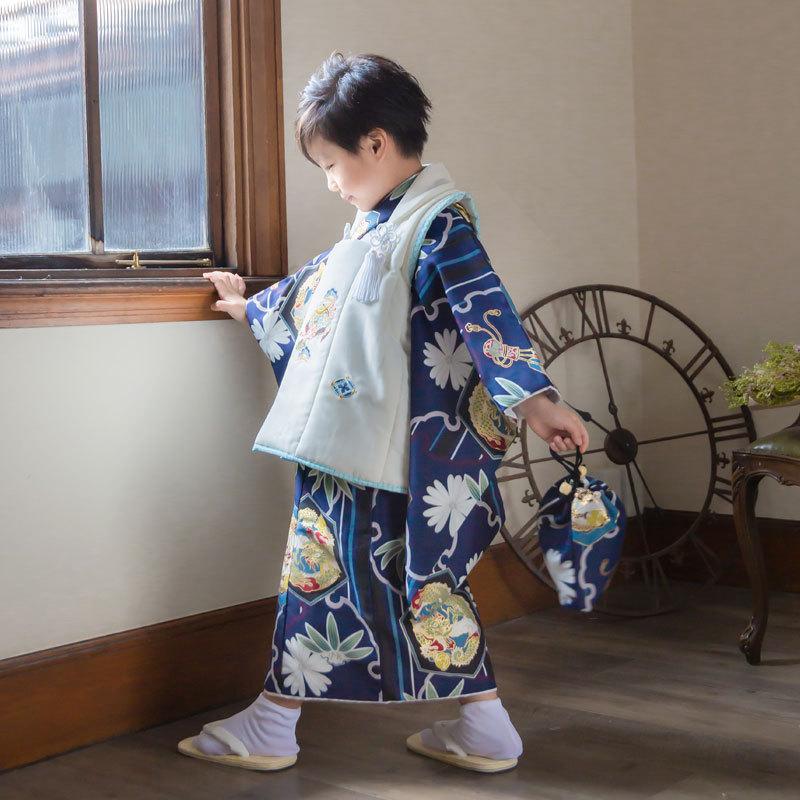 七五三 着物レンタル 3歳 753 男の子 フルセット 被布 白兜×紺縞雪輪に