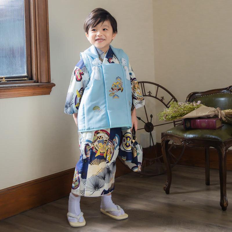子供用 七五三 着物セット 3歳 男の子 七五三 着物レンタル 3歳 753 男の子 フルセット 被布 水色兜×紺・白兜