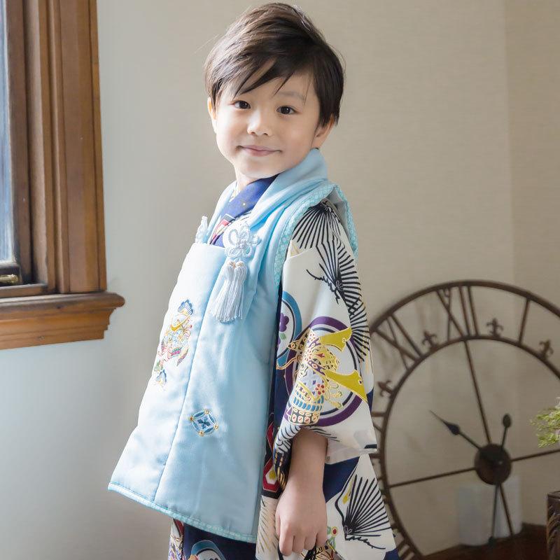 七五三 着物レンタル 3歳 753 男の子 フルセット 被布 水色兜×紺・白兜