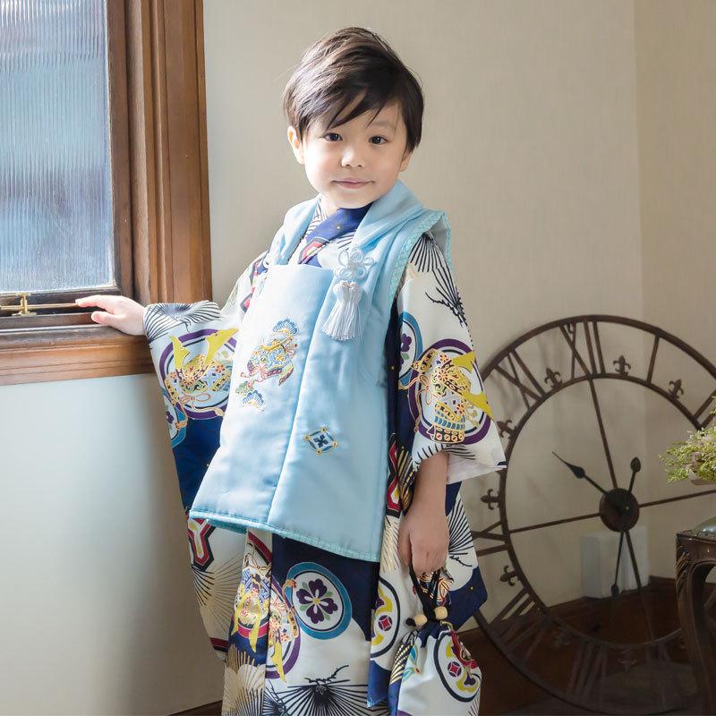 七五三 着物レンタル 3歳 753 男の子 フルセット 被布 水色兜×紺・白兜