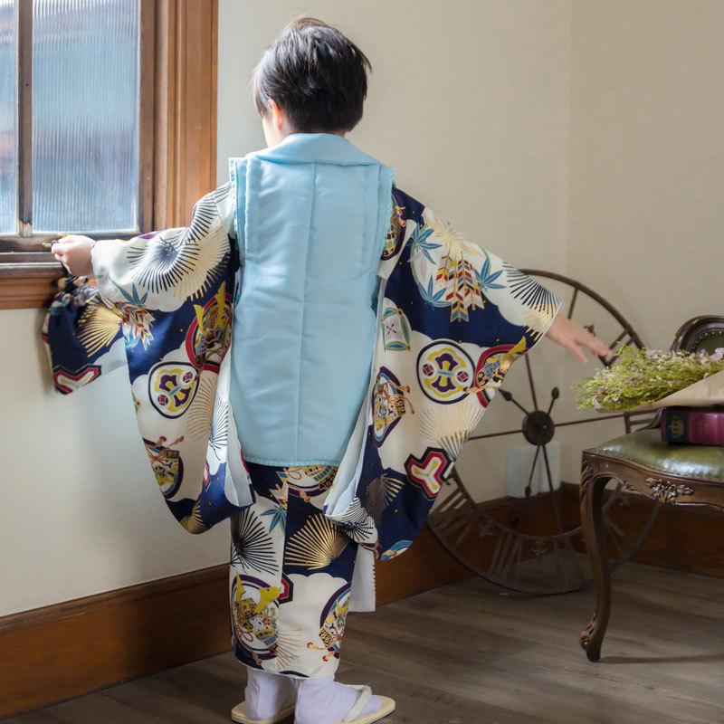 七五三 着物レンタル 3歳 753 男の子 フルセット 被布 水色兜×紺・白兜
