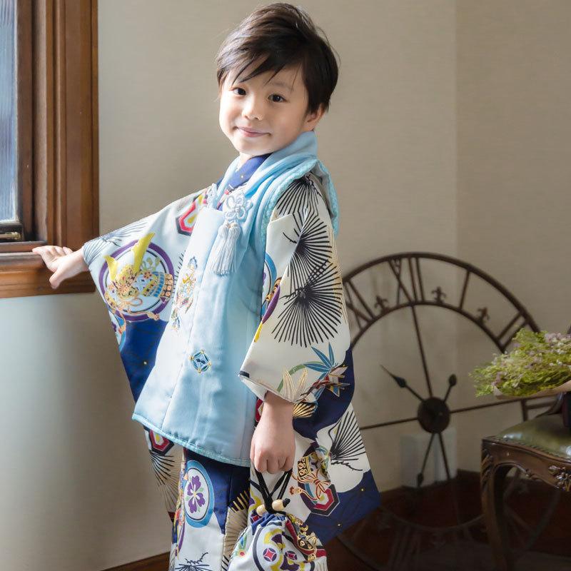 七五三 着物レンタル 3歳 753 男の子 フルセット 被布 水色兜×紺・白兜