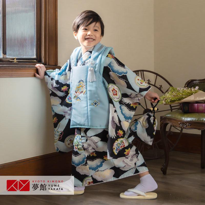 七五三 着物レンタル 3歳 753 男の子 フルセット 被布 水色兜×黒鷹と松