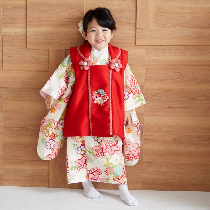 七五三 着物レンタル 3歳 753 女の子 フルセット 被布 赤花丸文