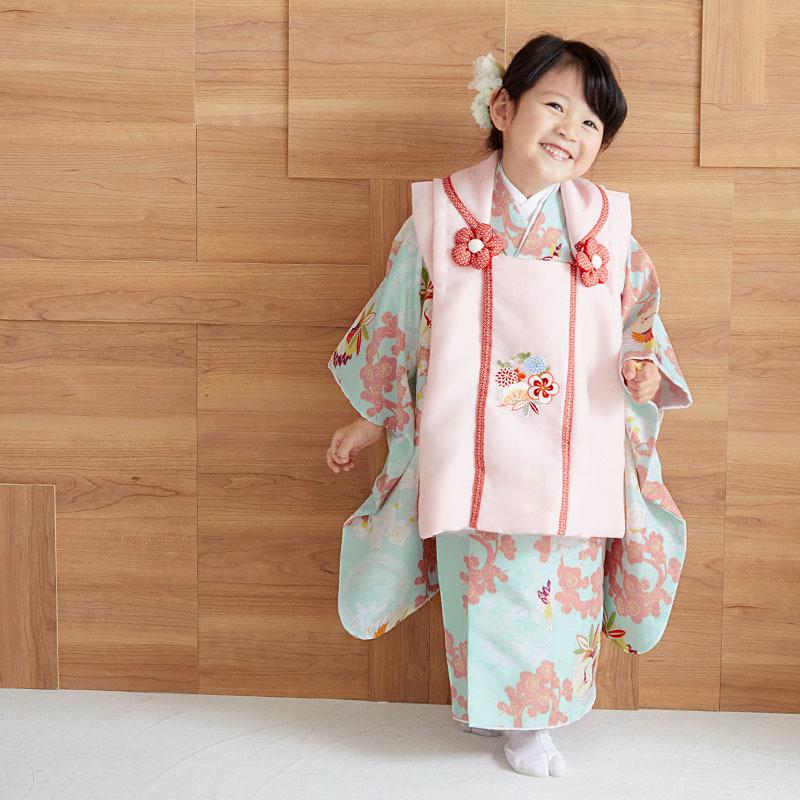 七五三 着物レンタル 3歳 753 女の子 フルセット 被布 薄ピンク花丸文