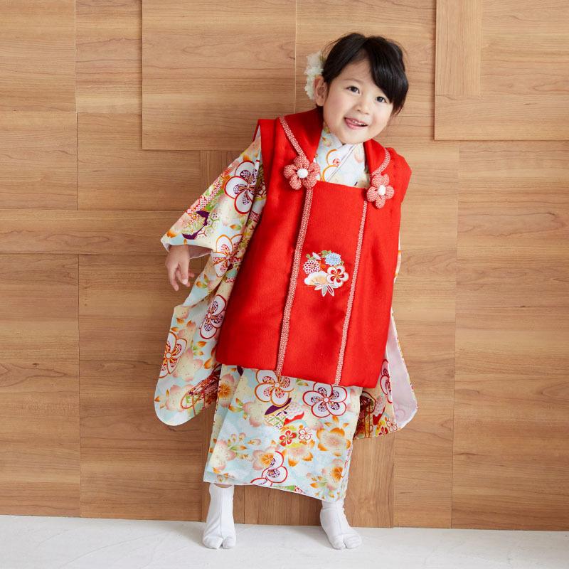 3歳 レトロ正絹橙貝桶梅　七五三　被布セット　アンティーク 七五三 着物レンタル 3歳 753 女の子 フルセット 被布 赤花丸文×ミント
