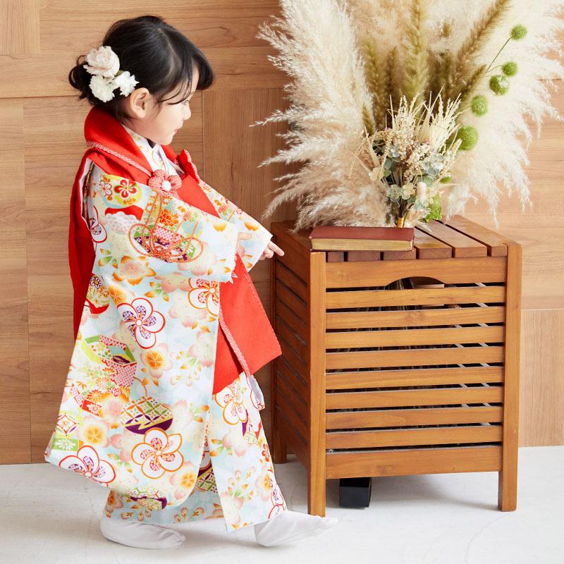 753 七五三 着物レンタル 3歳 女の子 フルセット 被布 赤花丸文×ミント