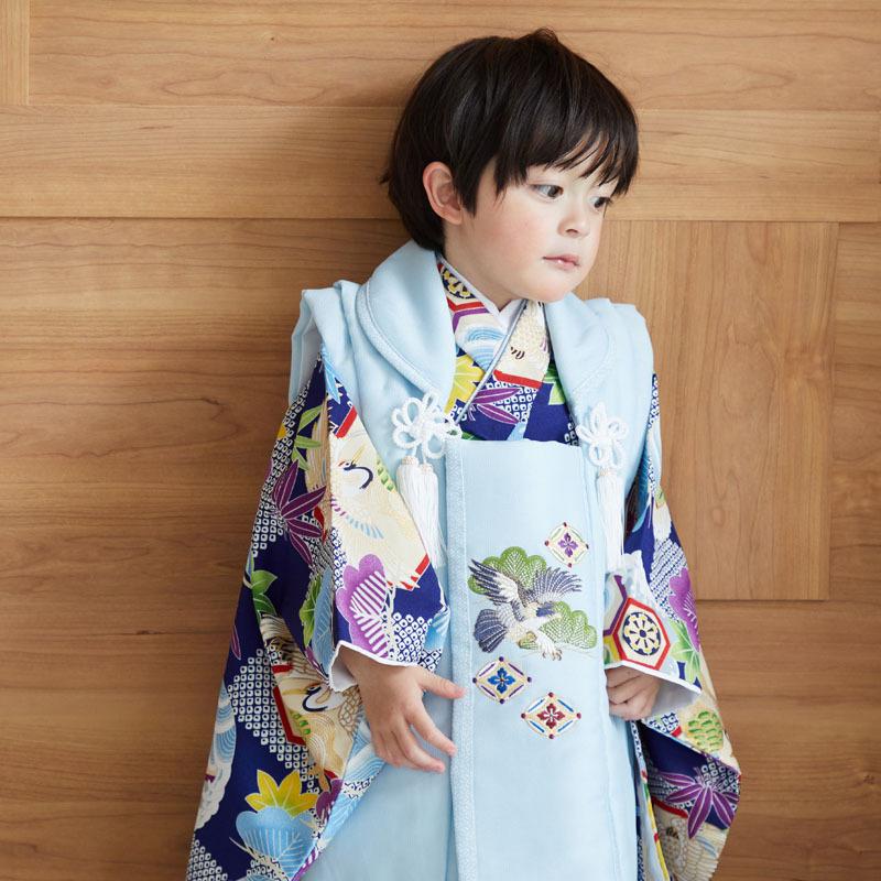 753 七五三 着物レンタル 3歳 男の子 フルセット 被布 水色鷹×青松竹に