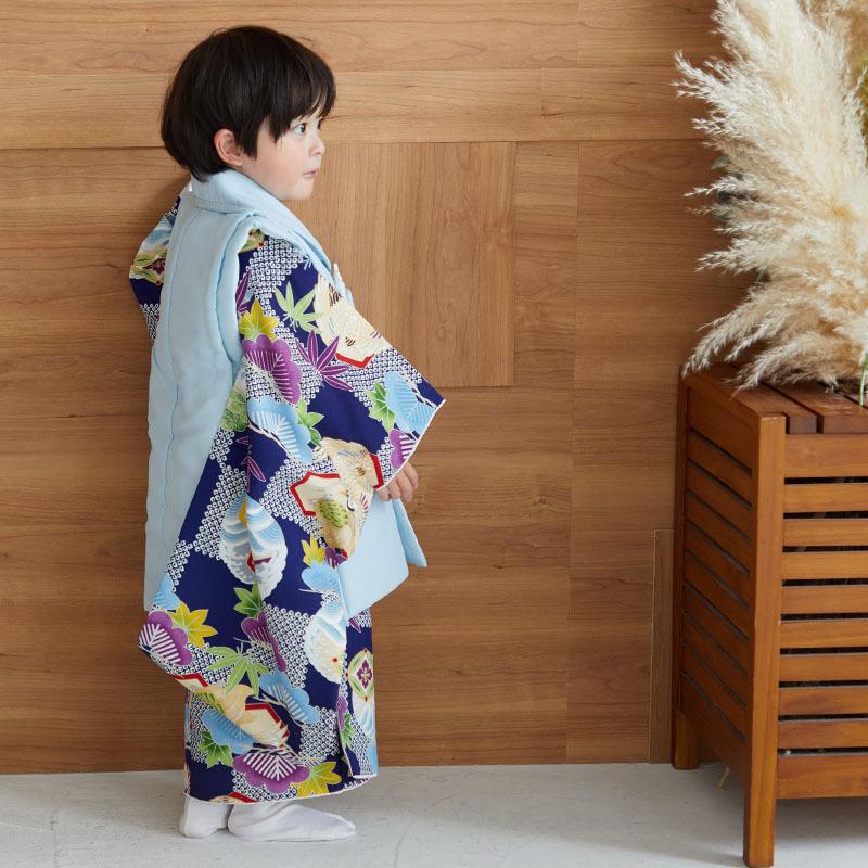 七五三 着物レンタル 3歳 753 男の子 フルセット 被布 水色鷹×青松竹に