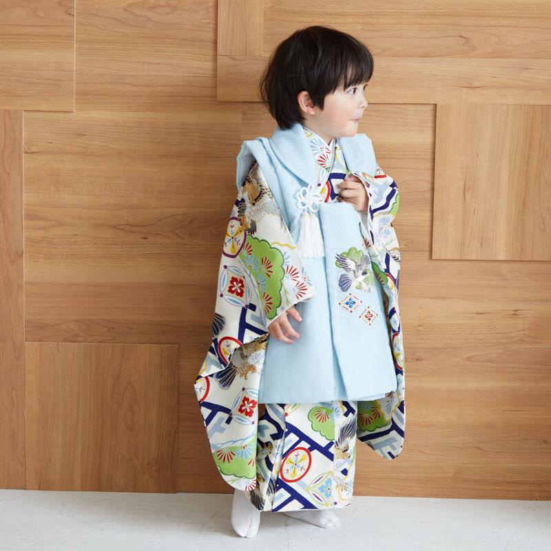 七五三 着物レンタル 3歳 753 男の子 フルセット 被布 水色鷹×クリーム