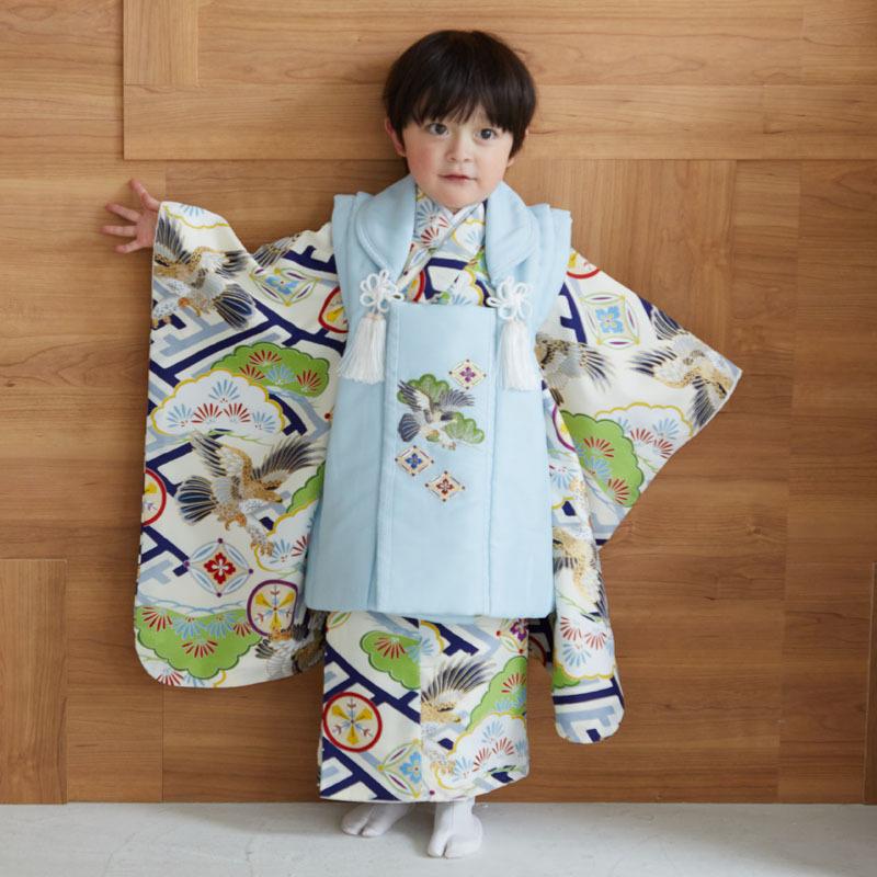 七五三 着物レンタル 3歳 753 男の子 フルセット 被布 水色鷹×クリーム