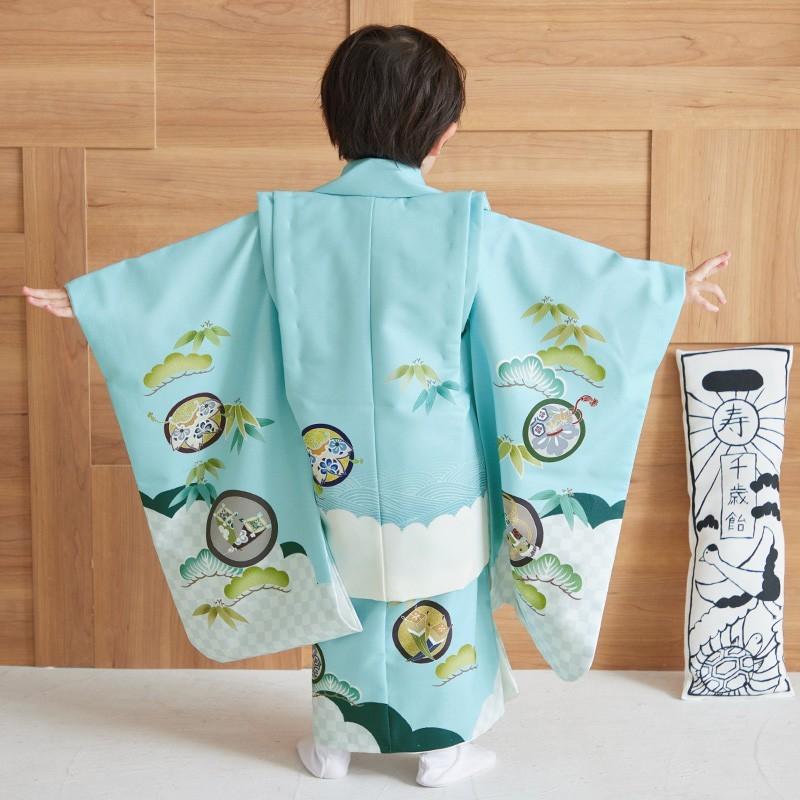 七五三 着物レンタル 3歳 753 男の子 フルセット 被布 水色兜×水色丸文