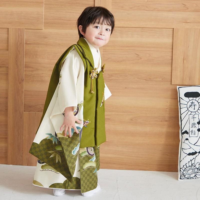 3歳用フルセット♡七五三　男の子　一式　緑系　抹茶色 七五三 着物レンタル 3歳 753 男の子 フルセット 被布 抹茶兜×オフ