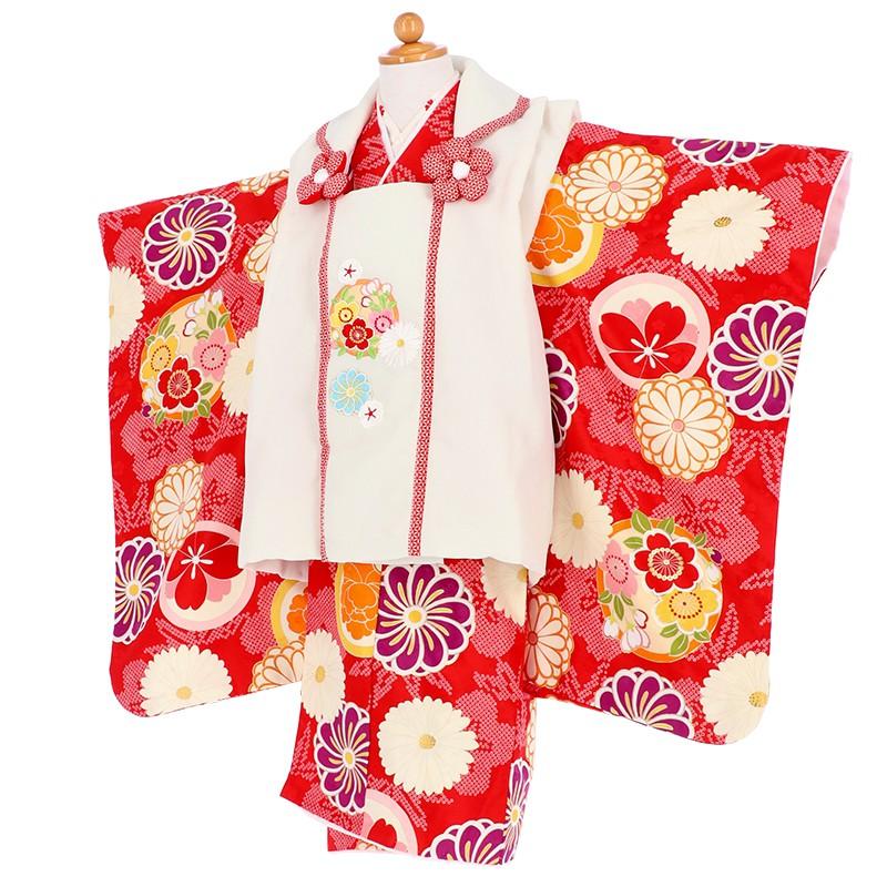 七五三 着物レンタル 3歳 753 女の子 フルセット 被布 白 花丸文×赤