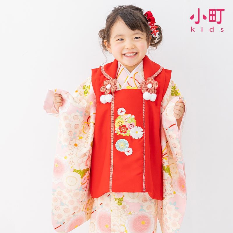753 七五三 着物レンタル 3歳 女の子 フルセット 被布 赤 花丸文